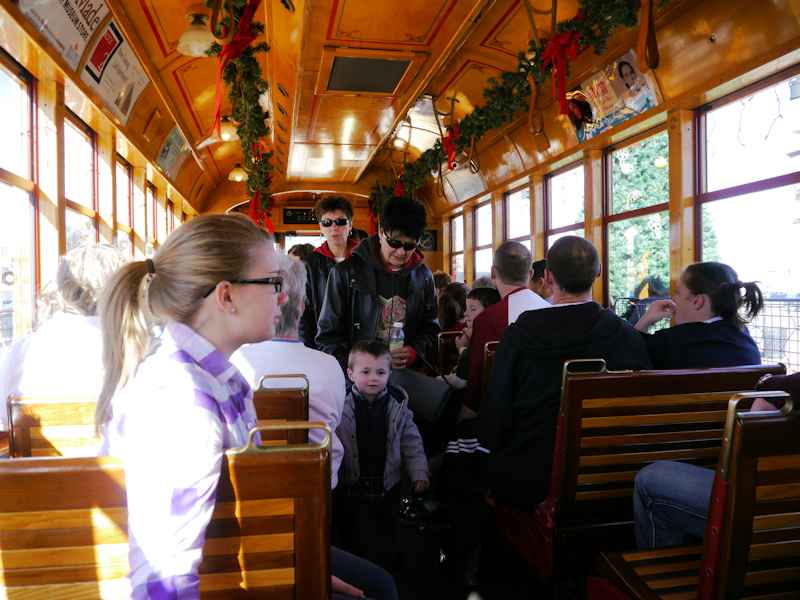 Streetcars in North Little Rock with Christmas lights